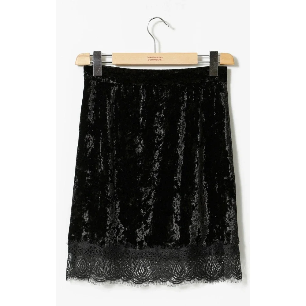 Comptoir des Cotonniers Black Crushed Velvet Lace Trim‎ Skirt Size XS In EUC - Picture 2 of 8